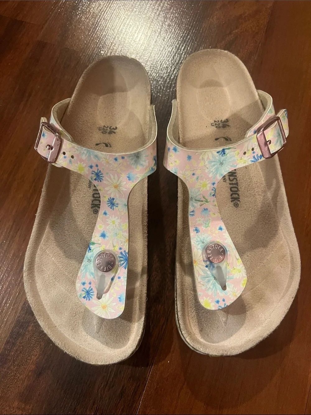 Birkenstock Kids Floral T-Strap Sandals - Light Pink, Blue & Yellow